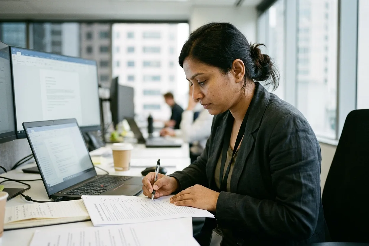 A security reviewer at a desk working through a supplier questionnaire beside a laptop