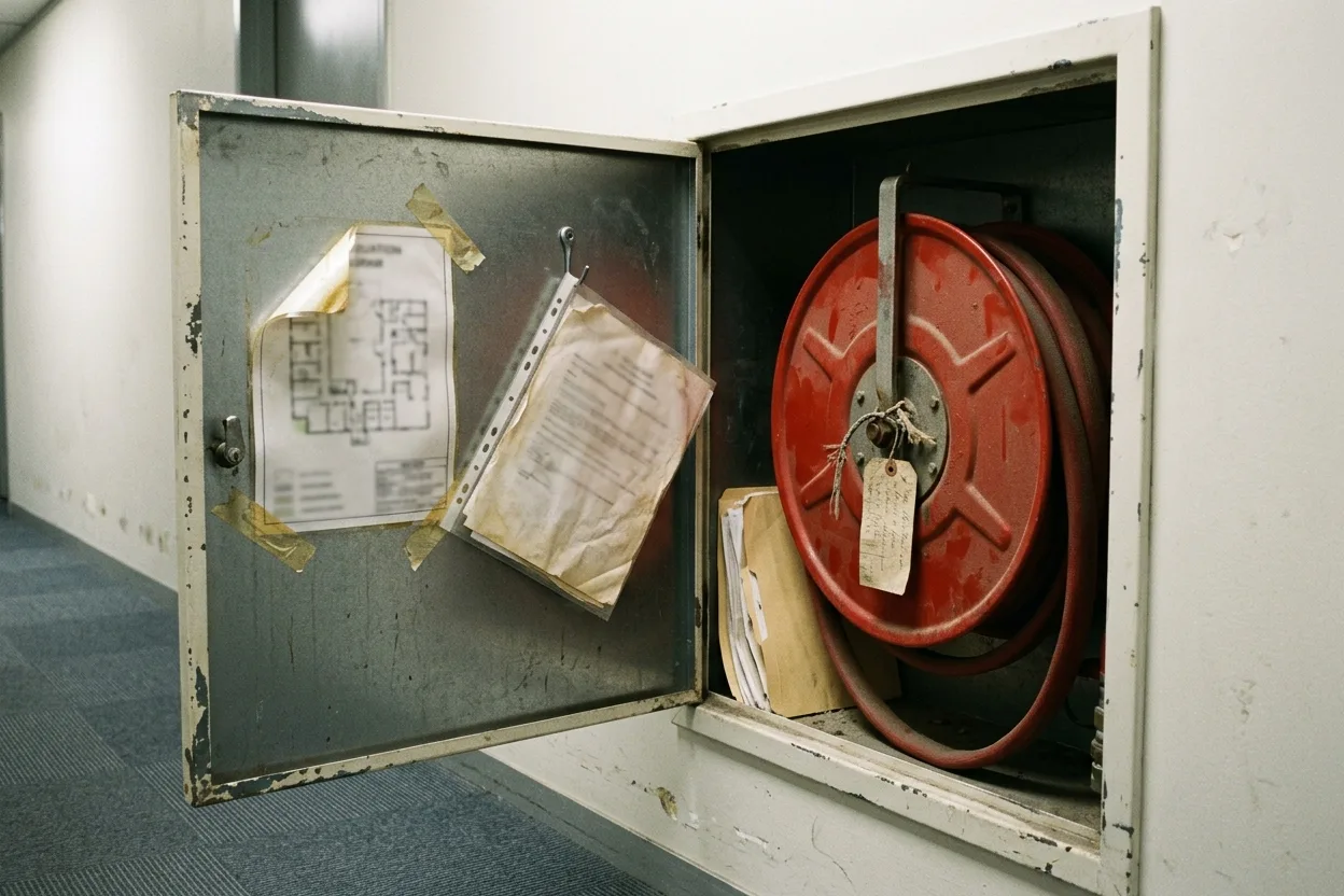 A fire-hydrant cupboard in a building corridor with a laminated evacuation diagram taped inside the door, curling, and a plastic sleeve of loose papers hanging from a hook