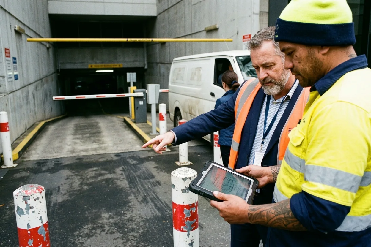 A property manager and a contractor looking at a traffic management plan on a tablet at the vehicle entry of an office tower car park
