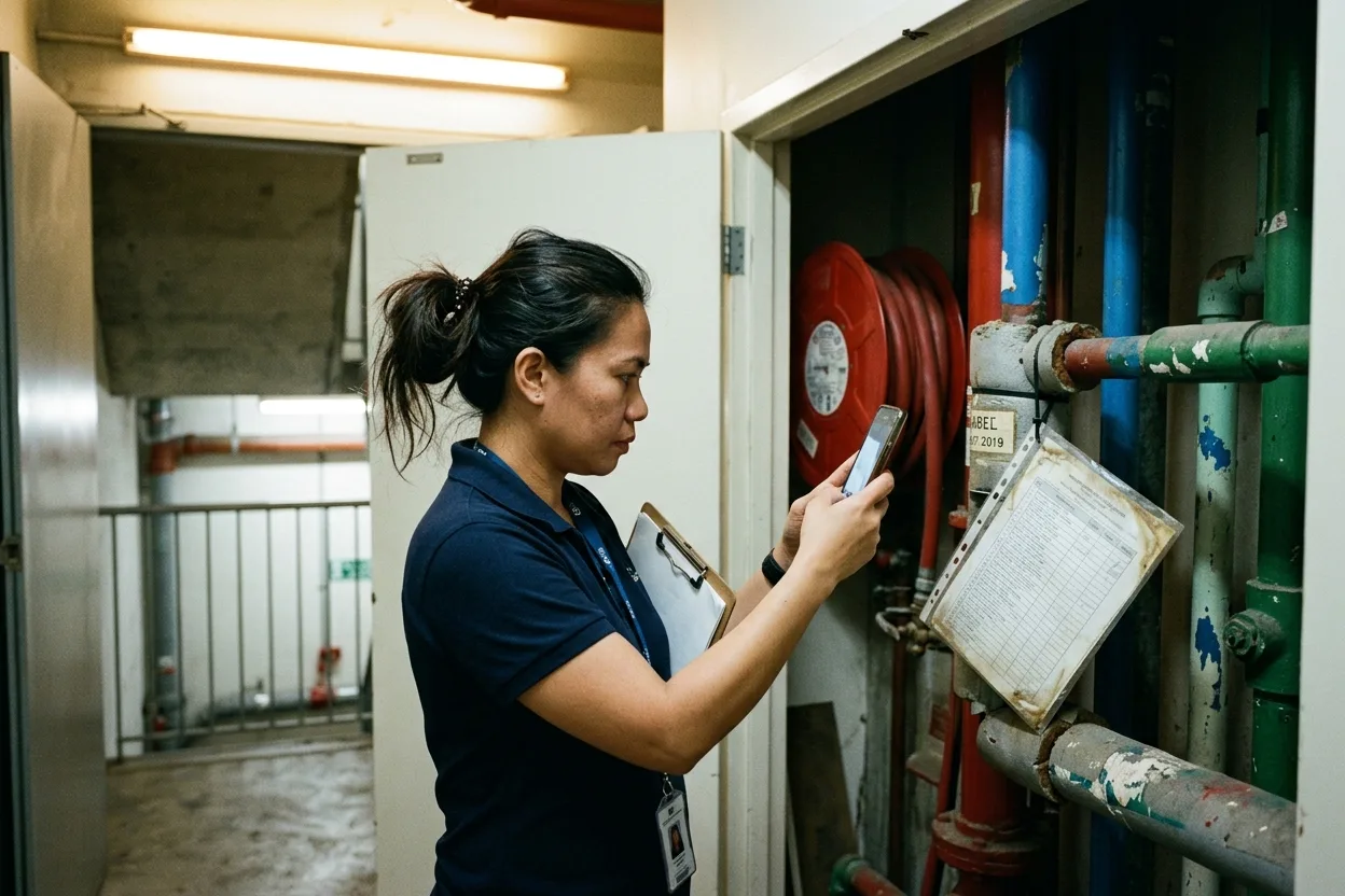 A facilities coordinator in a fire-stair riser cupboard photographing a dated asbestos label on a pipe lagging with her phone, a clipboard under her arm