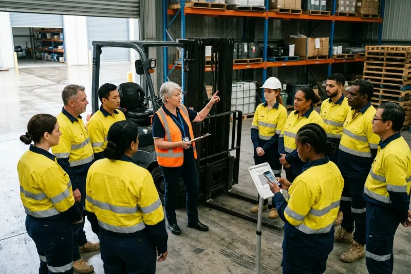 A woman in an orange hi-vis vest holding a clipboard briefing a dozen workers in yellow hi-vis in front of a forklift in a warehouse, one of them signing in on a tablet