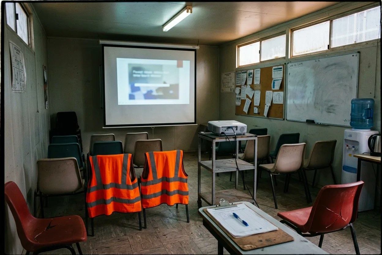 A site induction room: a projector on a trolley, plastic chairs, a clipboard of paper sign-off sheets, and laminated certificates pinned to a corkboard