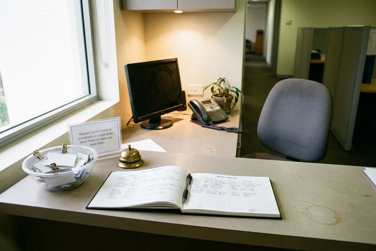 An unattended reception desk with a paper visitor book, a bowl of visitor badges, a bell, and a sign asking visitors to wait