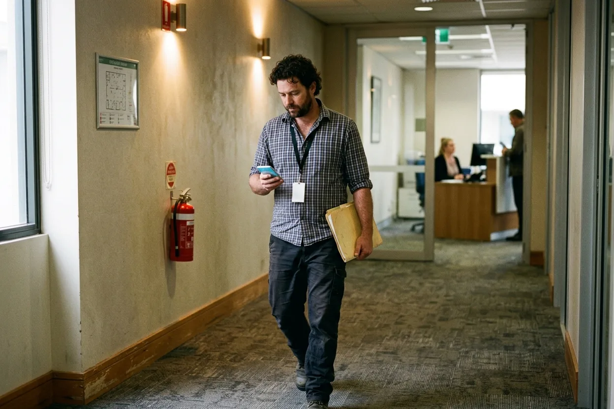A facilities manager reading an arrival text on her phone as she walks down a corridor to meet a visitor waiting at reception