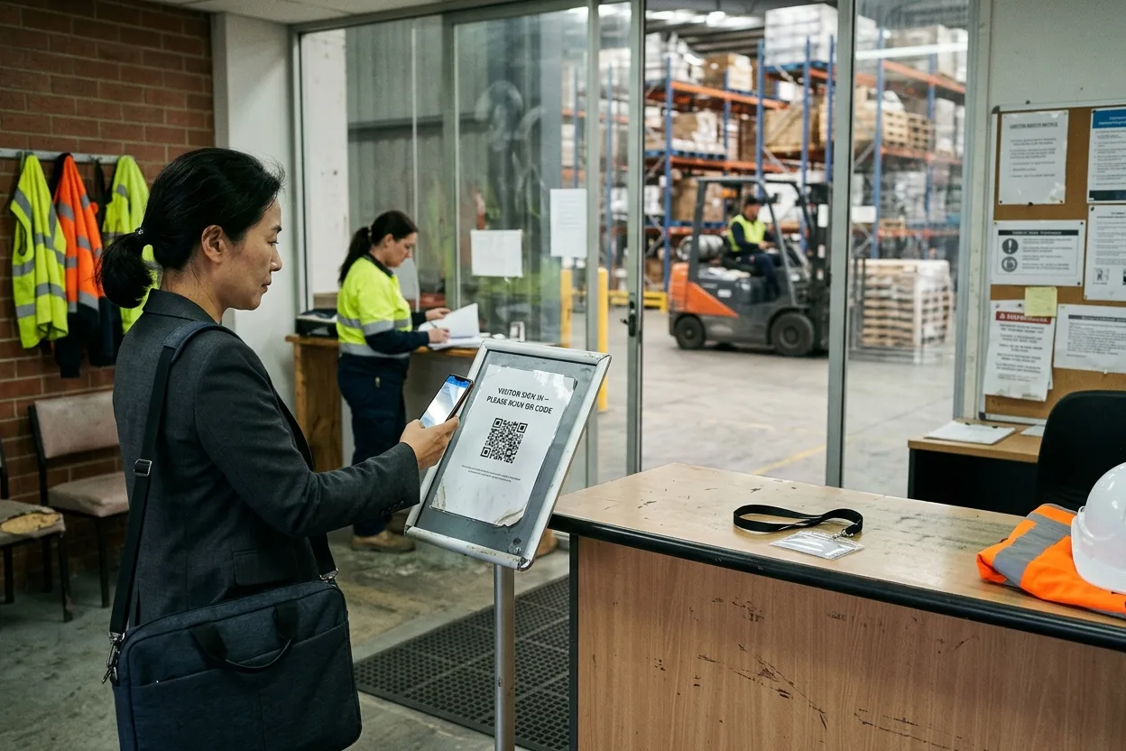 A visitor in a suit jacket holding her phone up to a QR sign-in poster in the lobby of a distribution centre, a visitor lanyard waiting on the counter