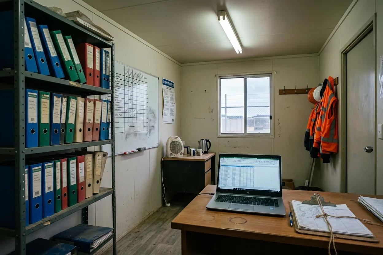 Inside a portable site office: a shelf of lever-arch folders with handwritten labels, a whiteboard grid of names and ticks, a laptop spreadsheet, and a paper sign-in book