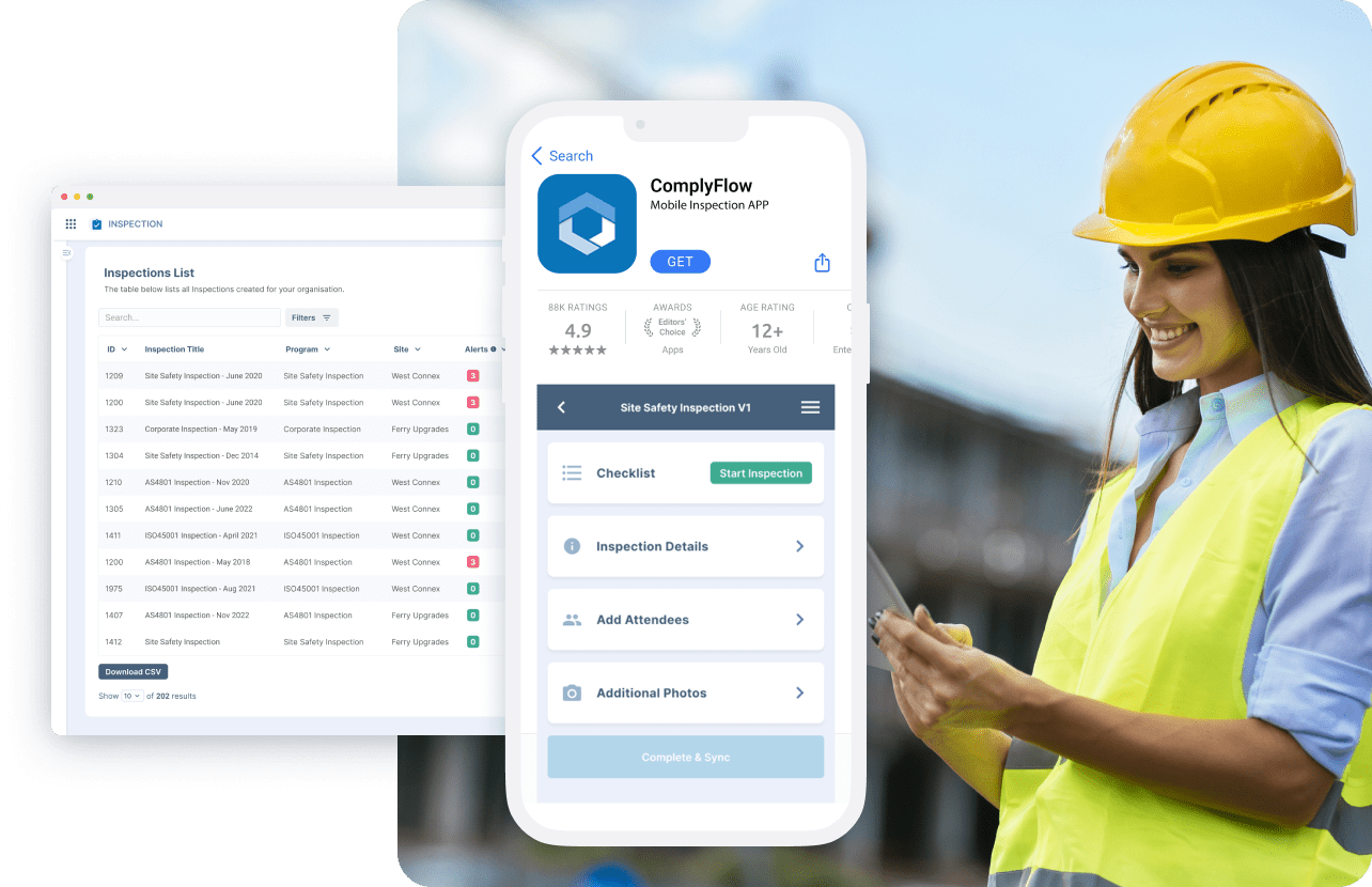 Three mobile screens showing safety inspection workflow from overview to checklist