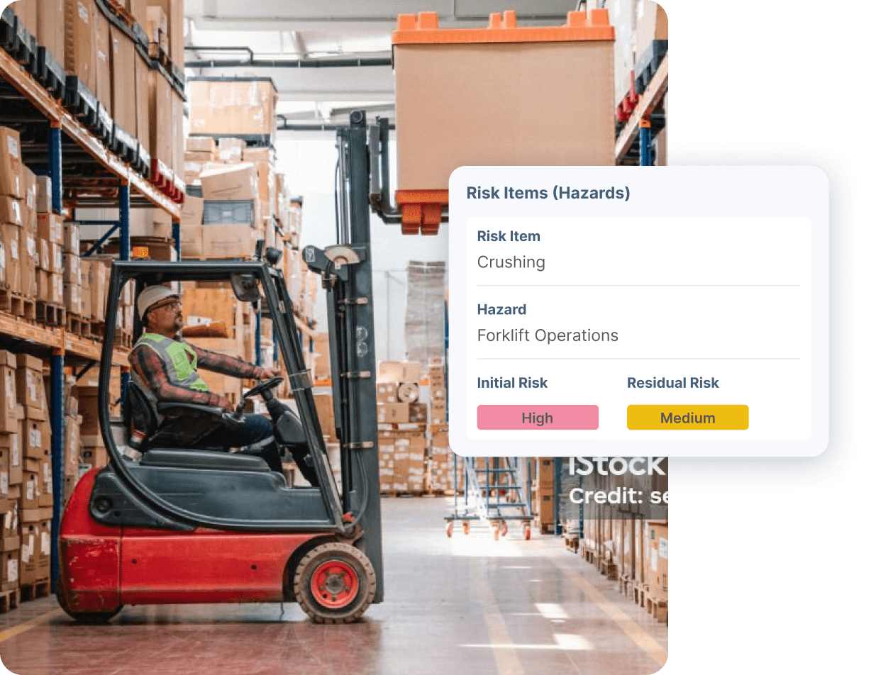 Forklift operator in warehouse with risk management interface showing hazard details